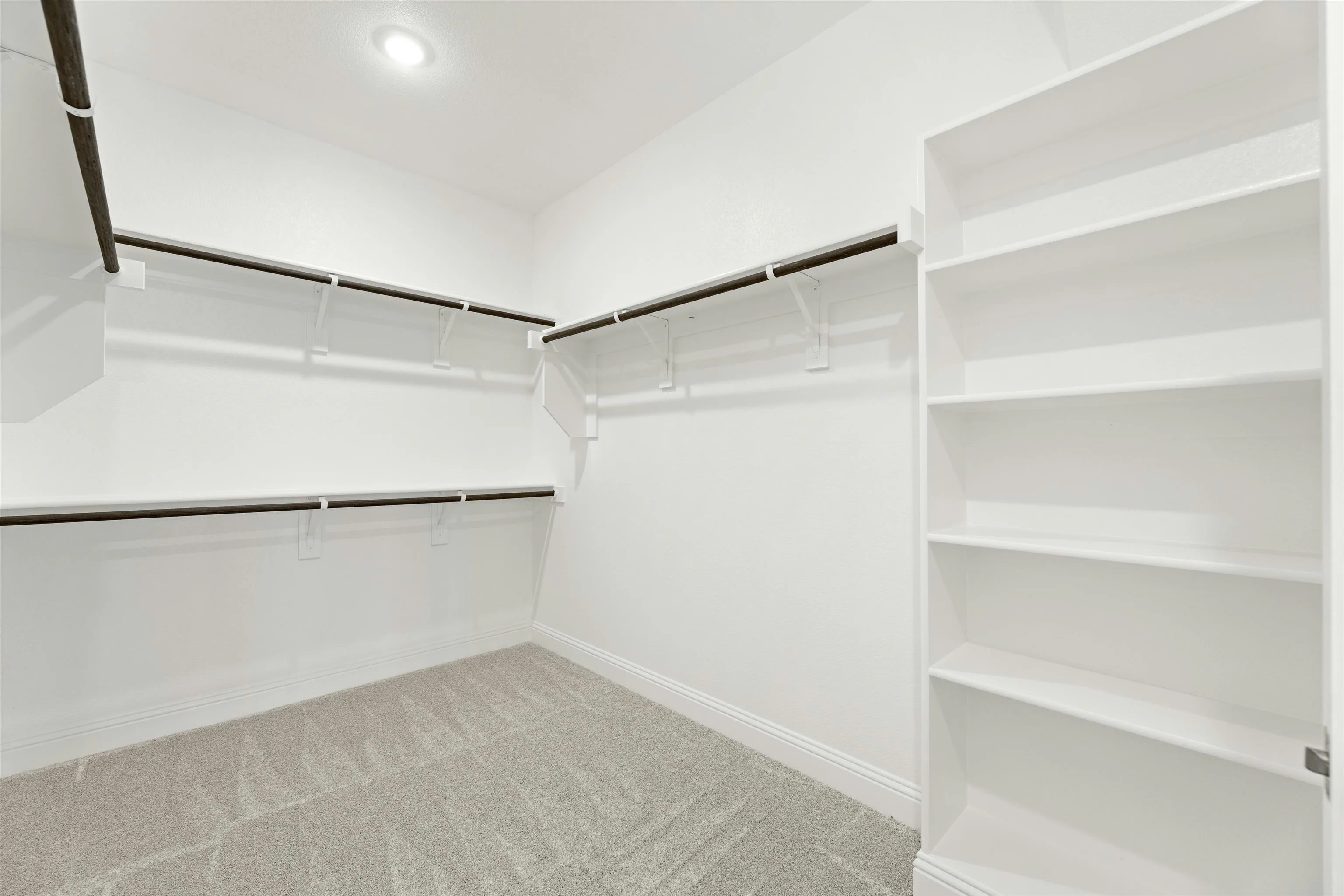 Walk-in closet with built-in shelves in a transitional ranch style home by Kindred Homes