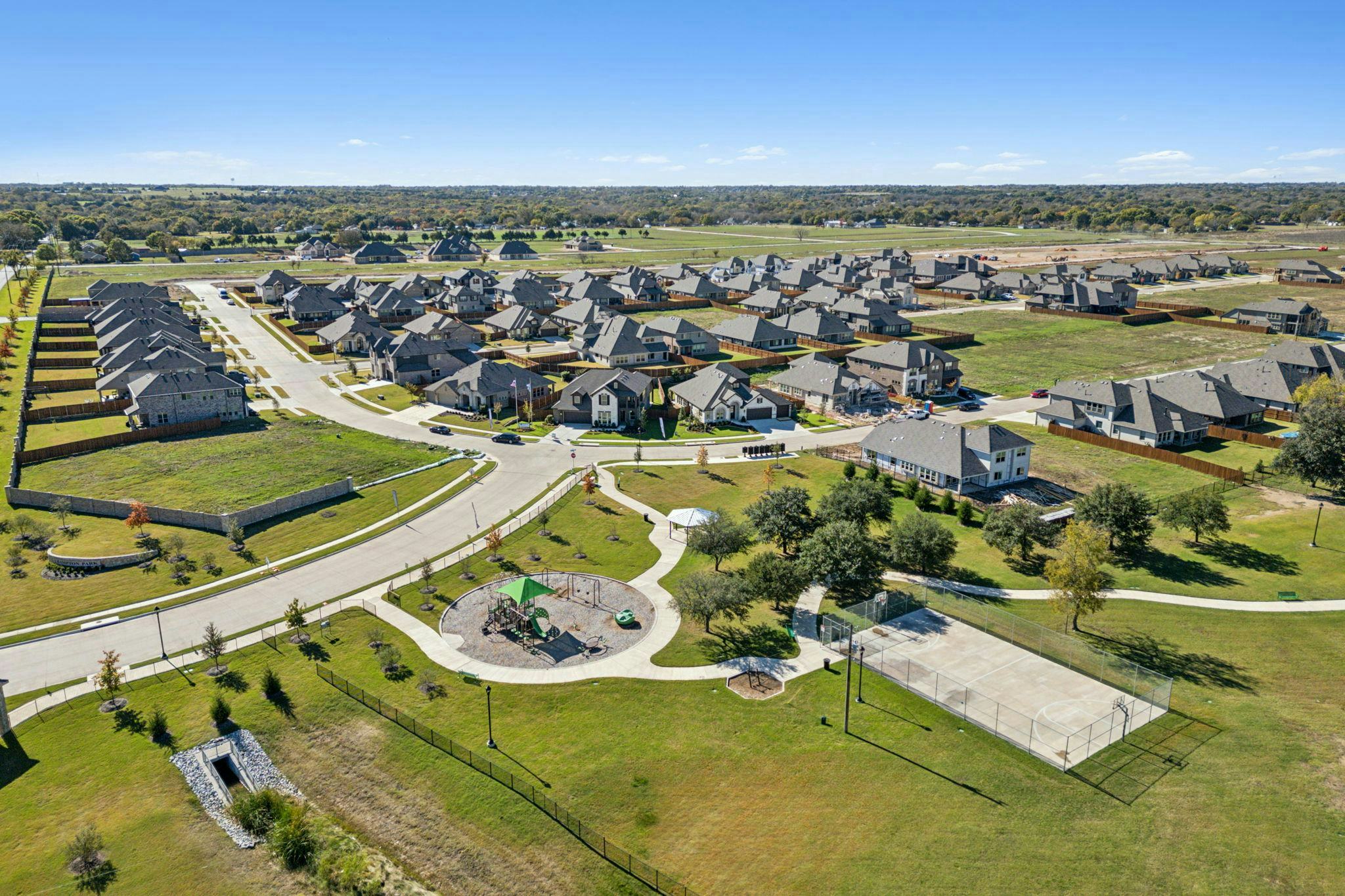 Aerial view of Hampton Park Estates community in Glenn Heights, TX by Kindred Homes