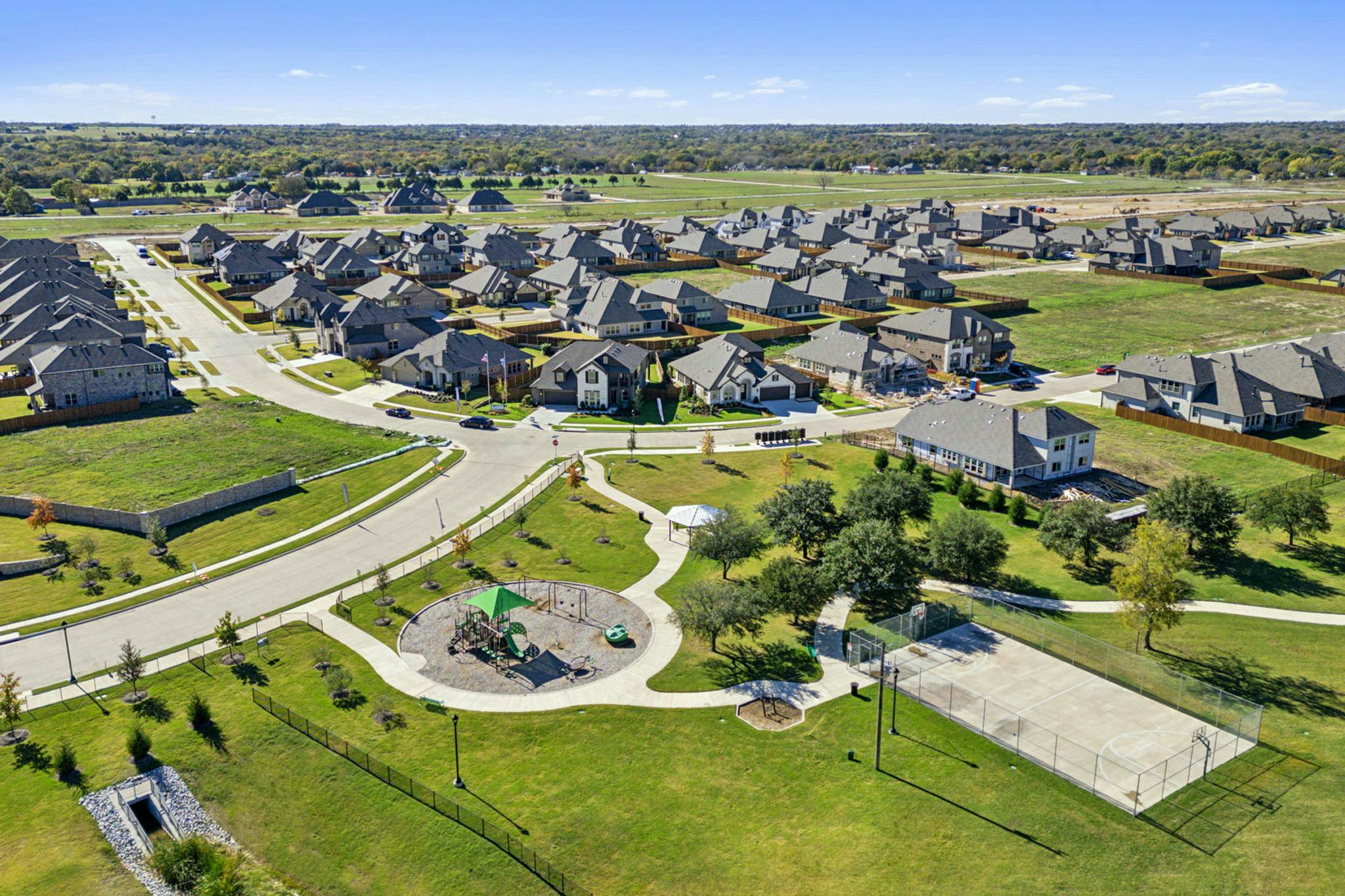 Aerial view of Hampton Park Estates community in Glenn Heights, TX by Kindred Homes