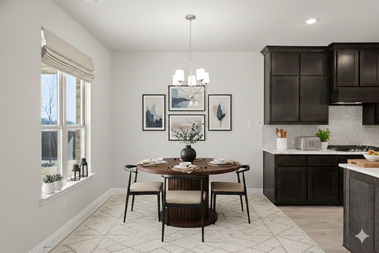 Virtually staged dining nook in the Willow floor plan by Kindred Homes