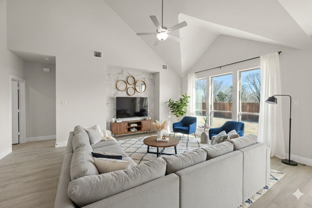 Virtually staged living room in the Willow floor plan by Kindred Homes