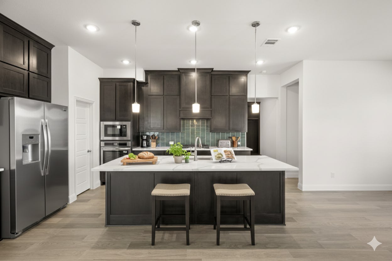 Virtually staged kitchen in the Cherry floor plan by Kindred Homes