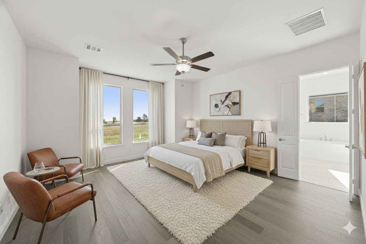 Virtually staged primary bedroom in the Reid floor plan at Heritage by Kindred Homes