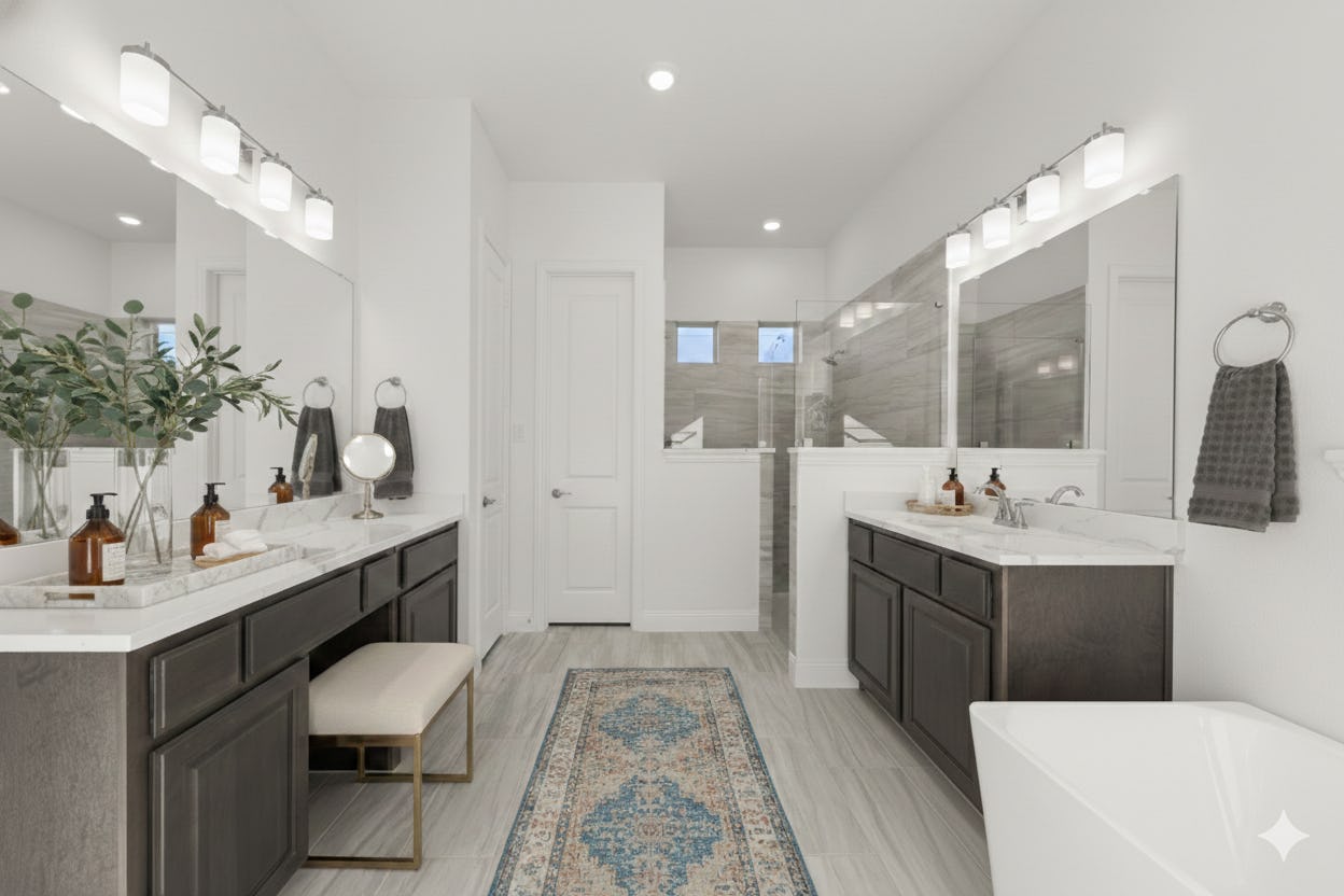 Virtually staged primary bathroom in the Reid floor plan at Heritage by Kindred Homes