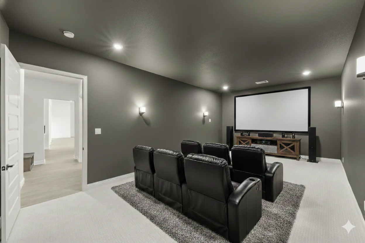 Virtually staged media room in the Sperry floor plan at Heritage by Kindred Homes