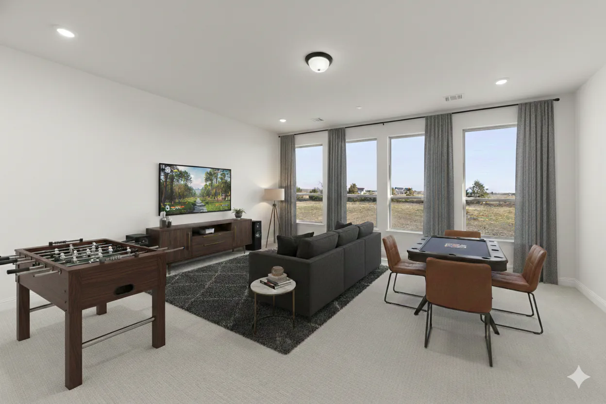 Virtually staged game room in the Sperry floor plan at Heritage by Kindred Homes