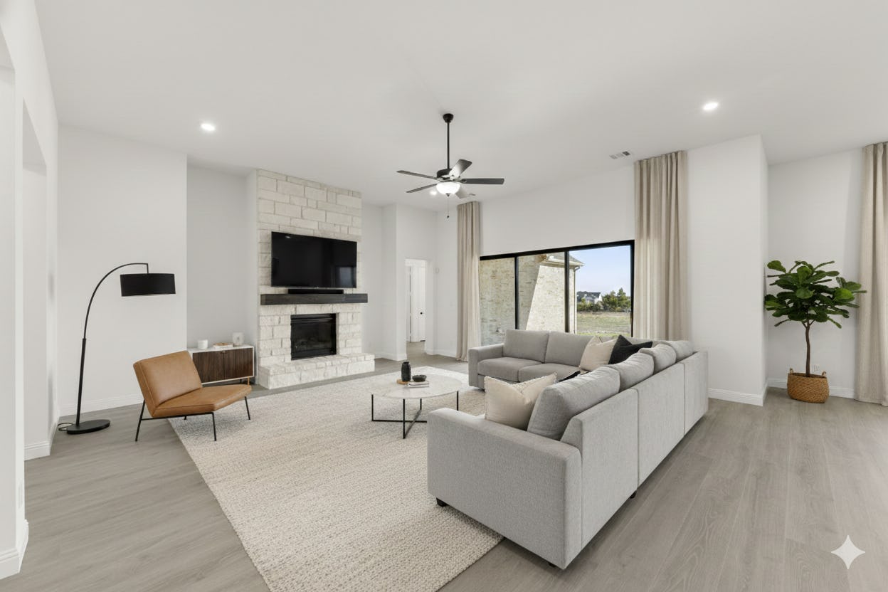 Virtually staged living room in the Sperry floor plan at Heritage by Kindred Homes