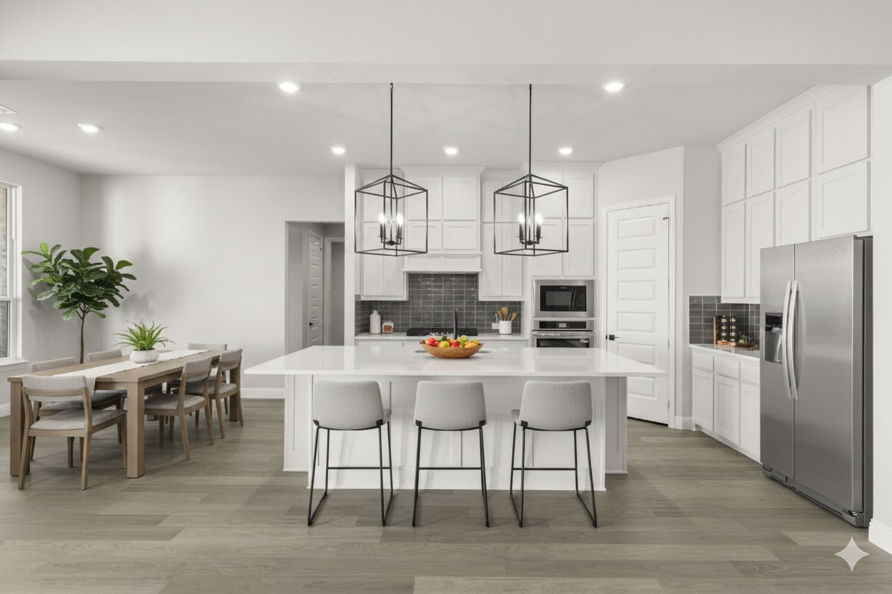 Virtually staged kitchen in the Brady floor plan at Heritage by Kindred Homes