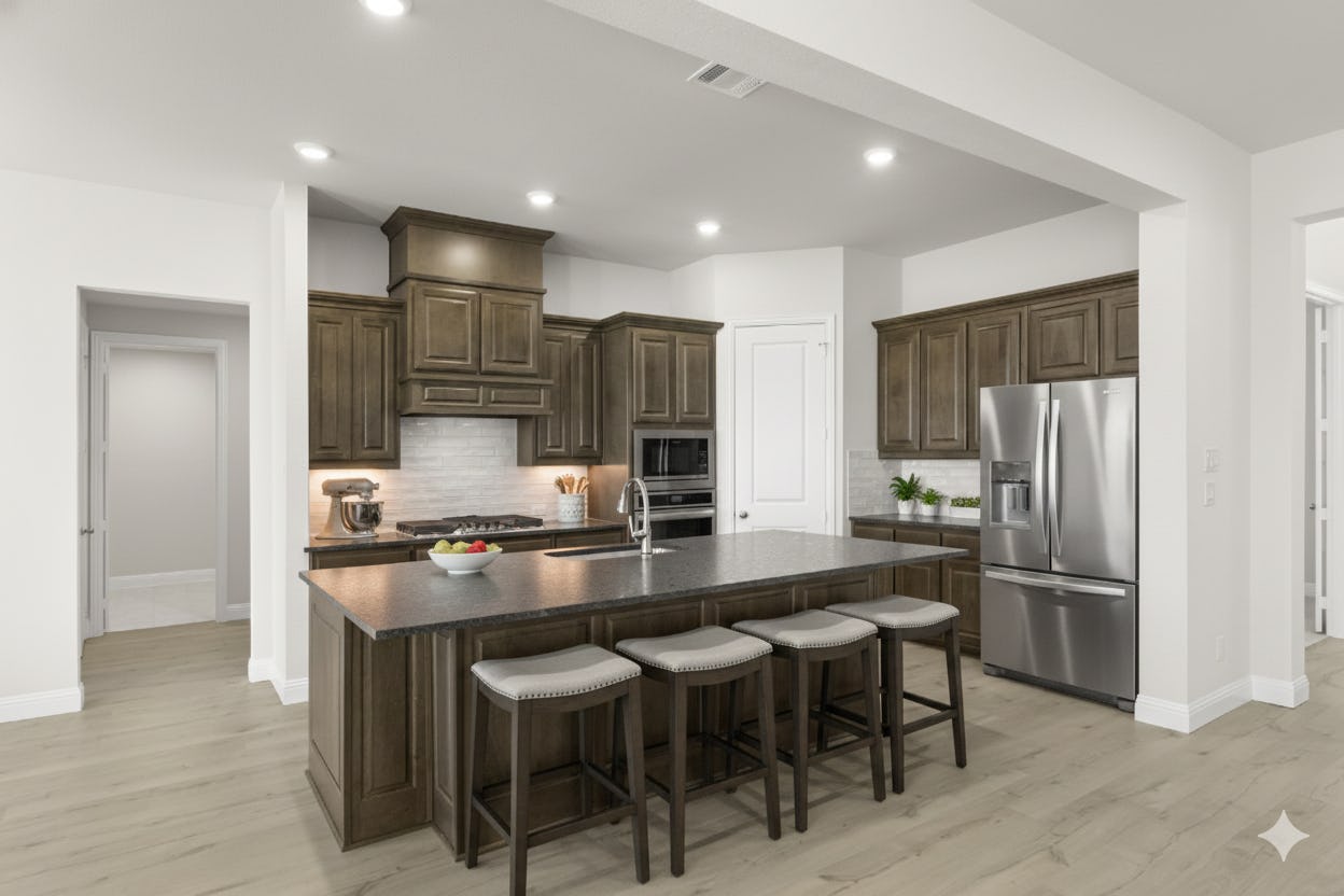 Virtually staged kitchen in the Brady floor plan at Heritage by Kindred Homes
