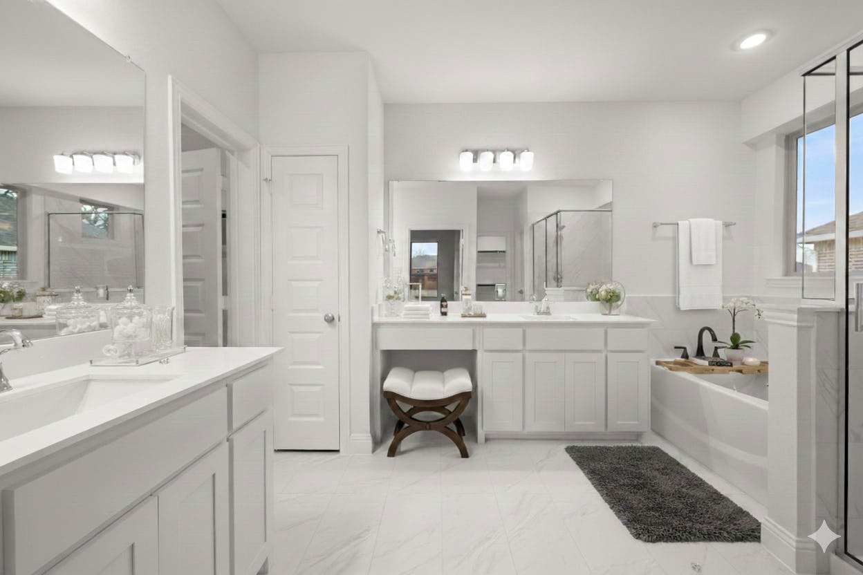 Virtually staged primary bathroom in the Willow floor plan at Stone Eagle by Kindred Homes
