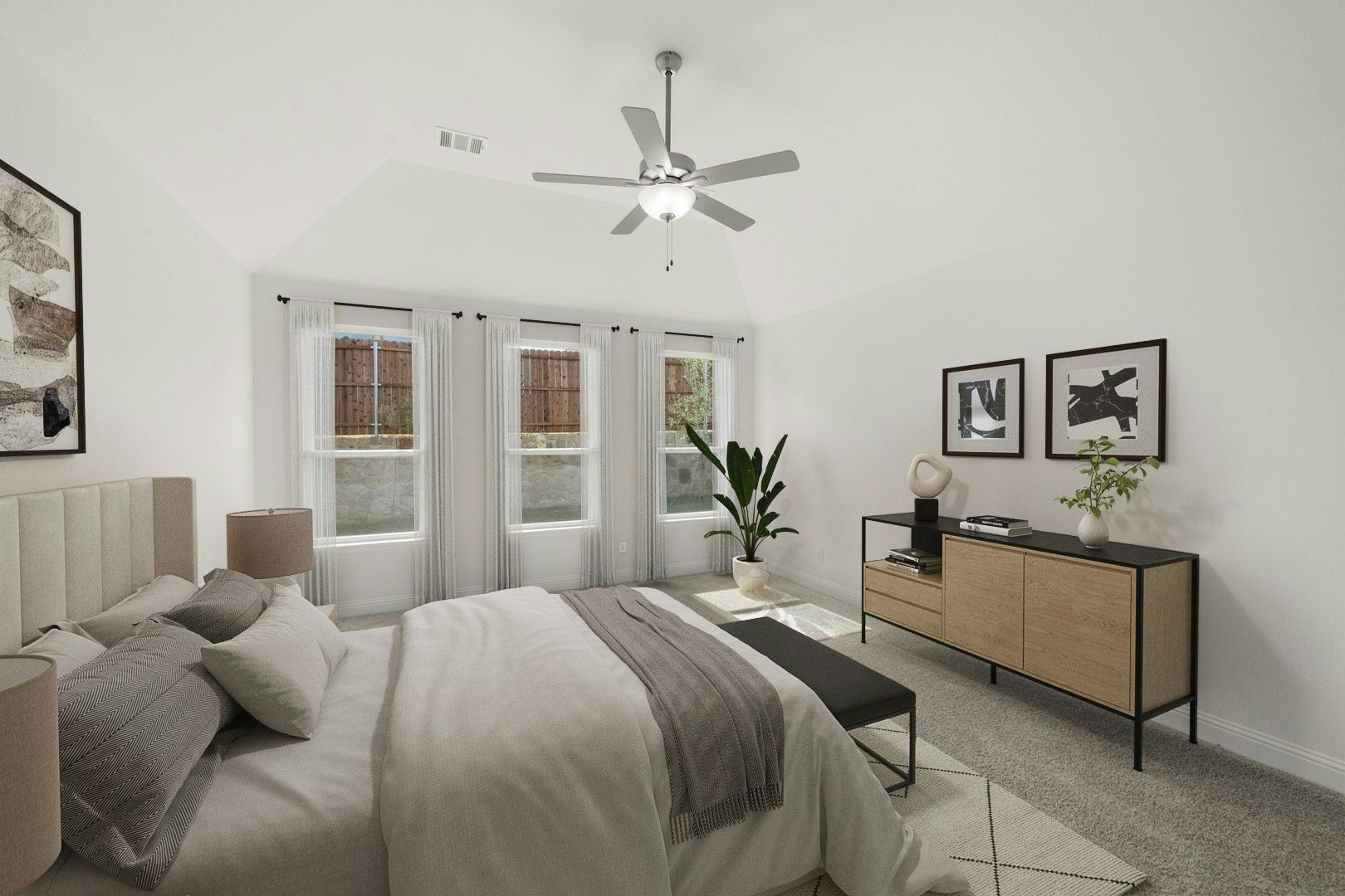 Virtually staged primary bedroom in the Seville floor plan at Westside Preserve by Kindred Homes