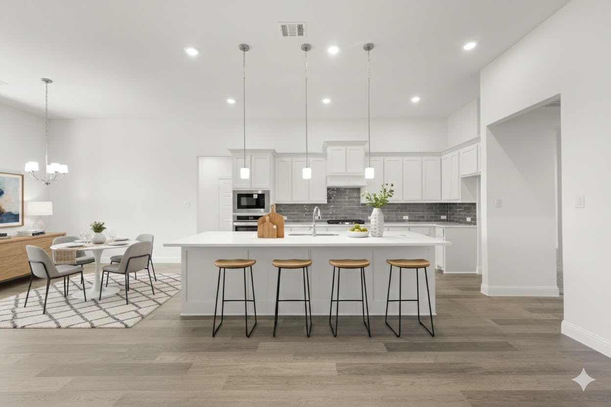 Virtually staged kitchen in the Garner floor plan at Kentsdale Farms by Kindred Homes