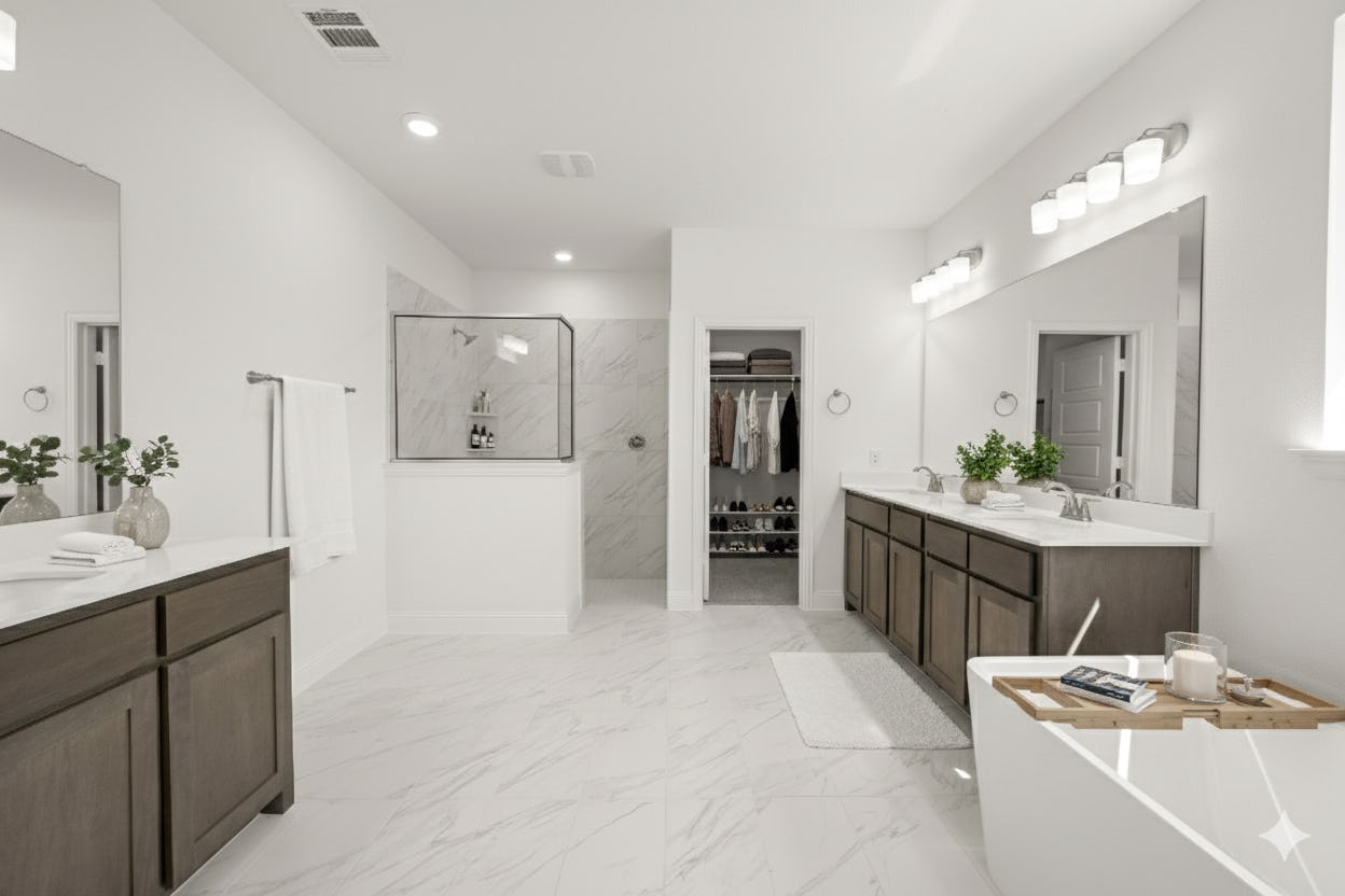 Virtually staged primary bathroom in the Garner floor plan at Kentsdale Farms by Kindred Homes