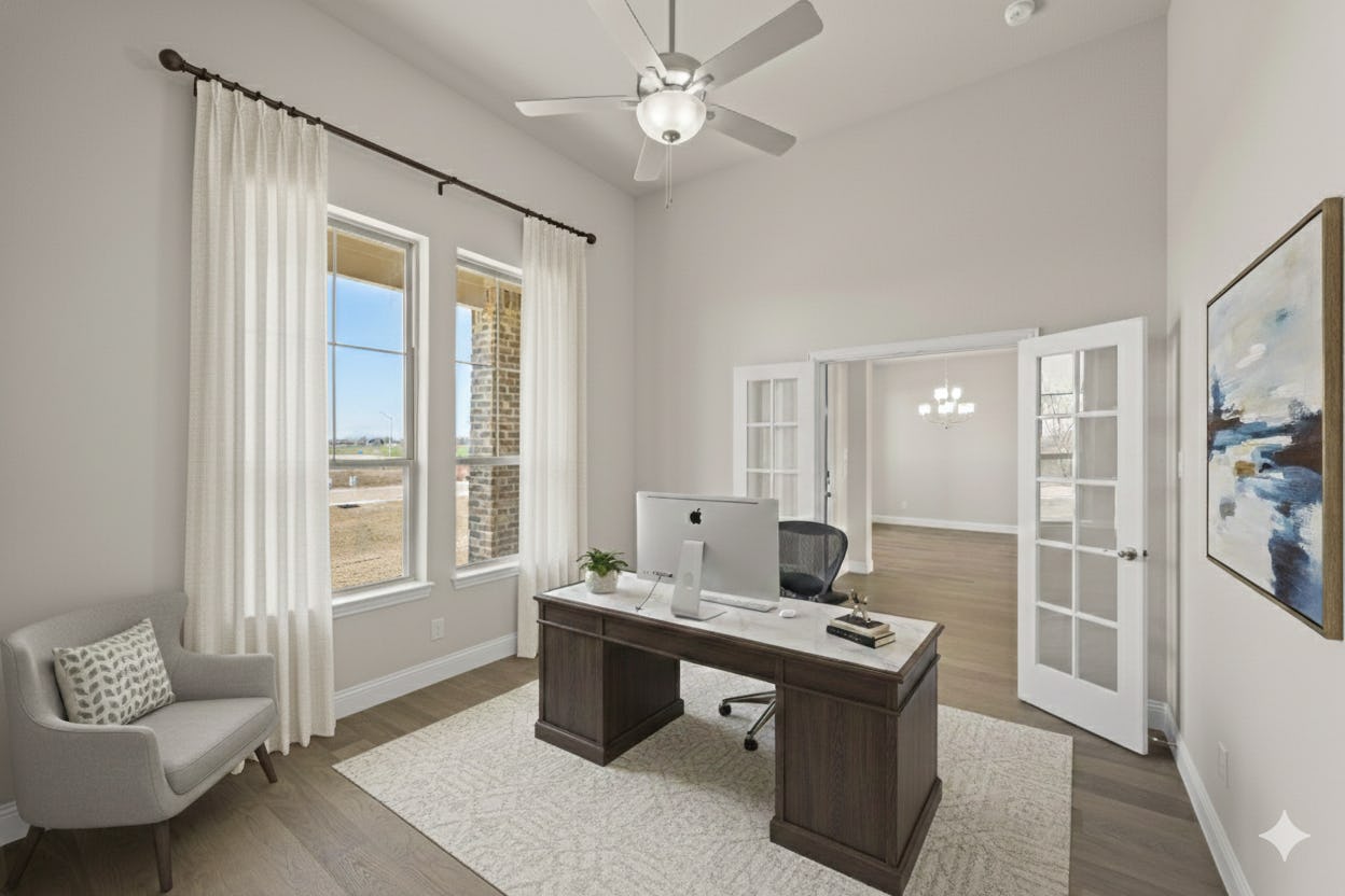 Virtually staged study at the Reid floorplan in Hampton Park Estates by Kindred Homes.