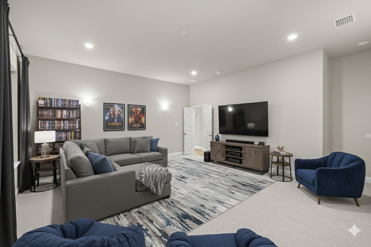 Virtually staged media room at the Reid floorplan in Hampton Park Estates by Kindred Homes.