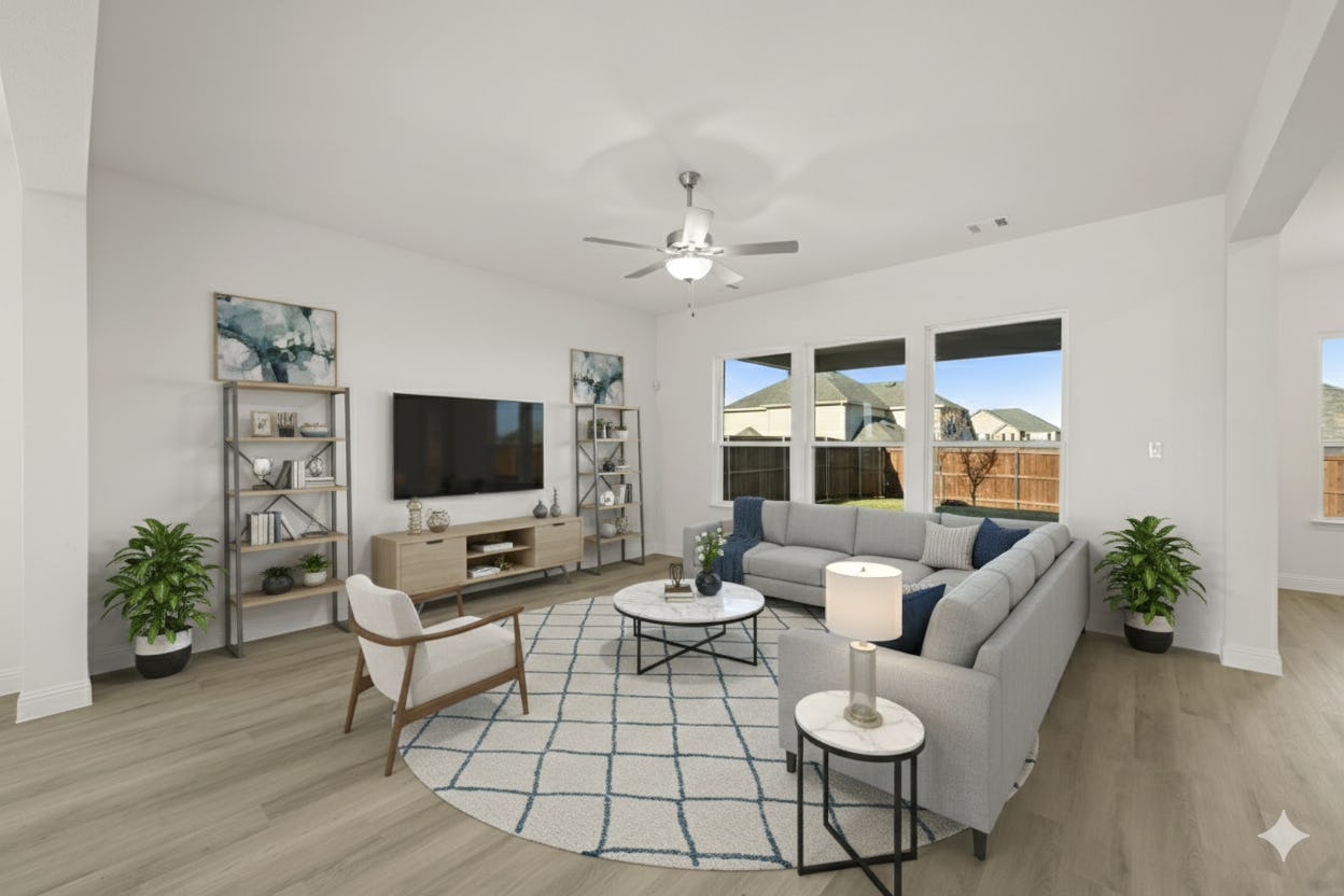 Virtually staged living room at the Cherry floor plan at Westside Preserve by Kindred Homes.