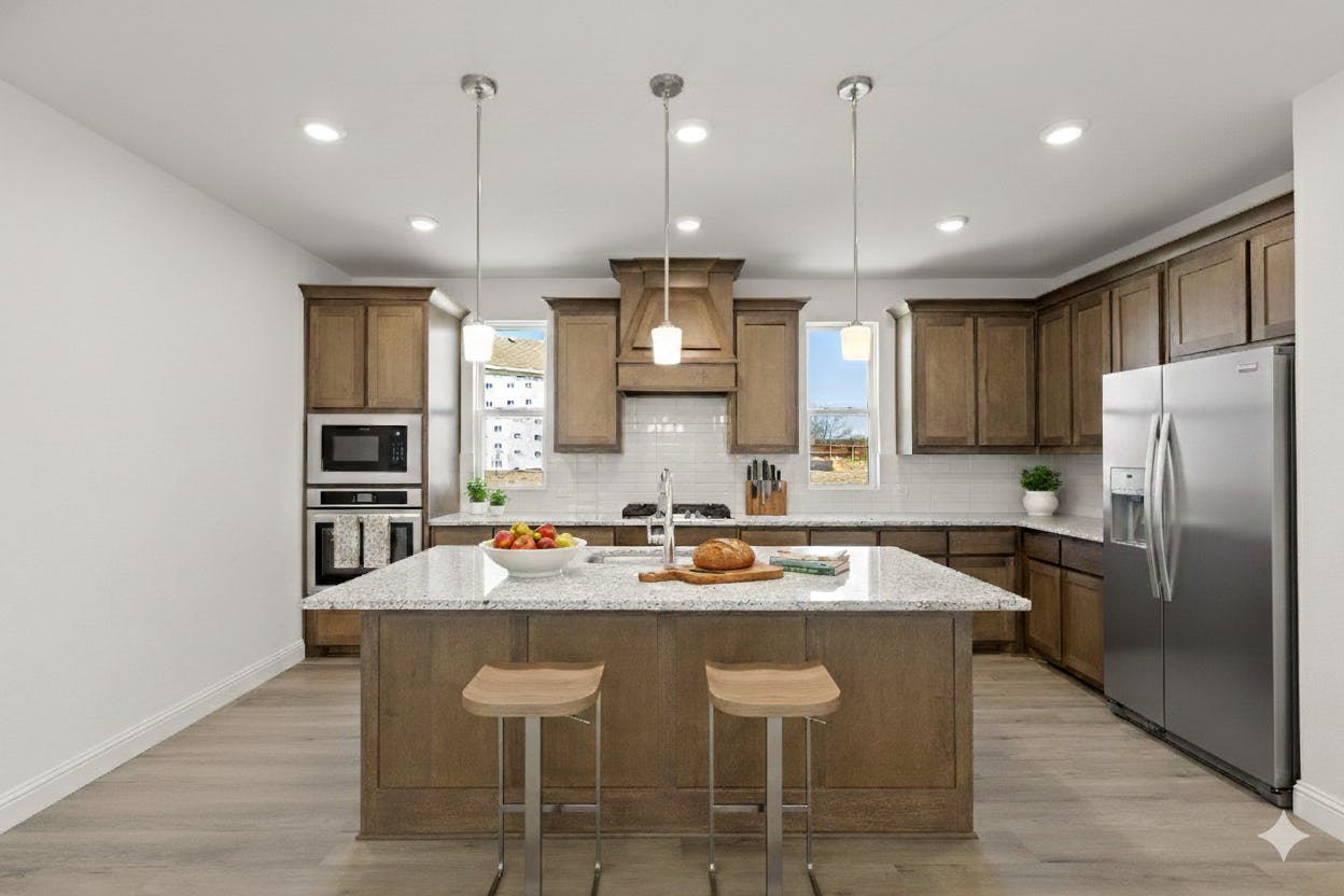 Virtually staged kitchen in the Collins floor plan at Park Trails by Kindred Homes