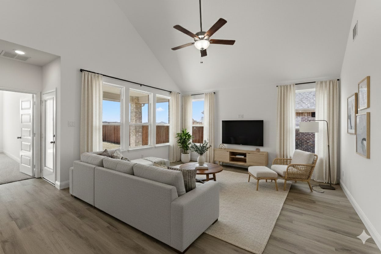 Virtually staged living room in the Collins floor plan at Park Trails by Kindred Homes