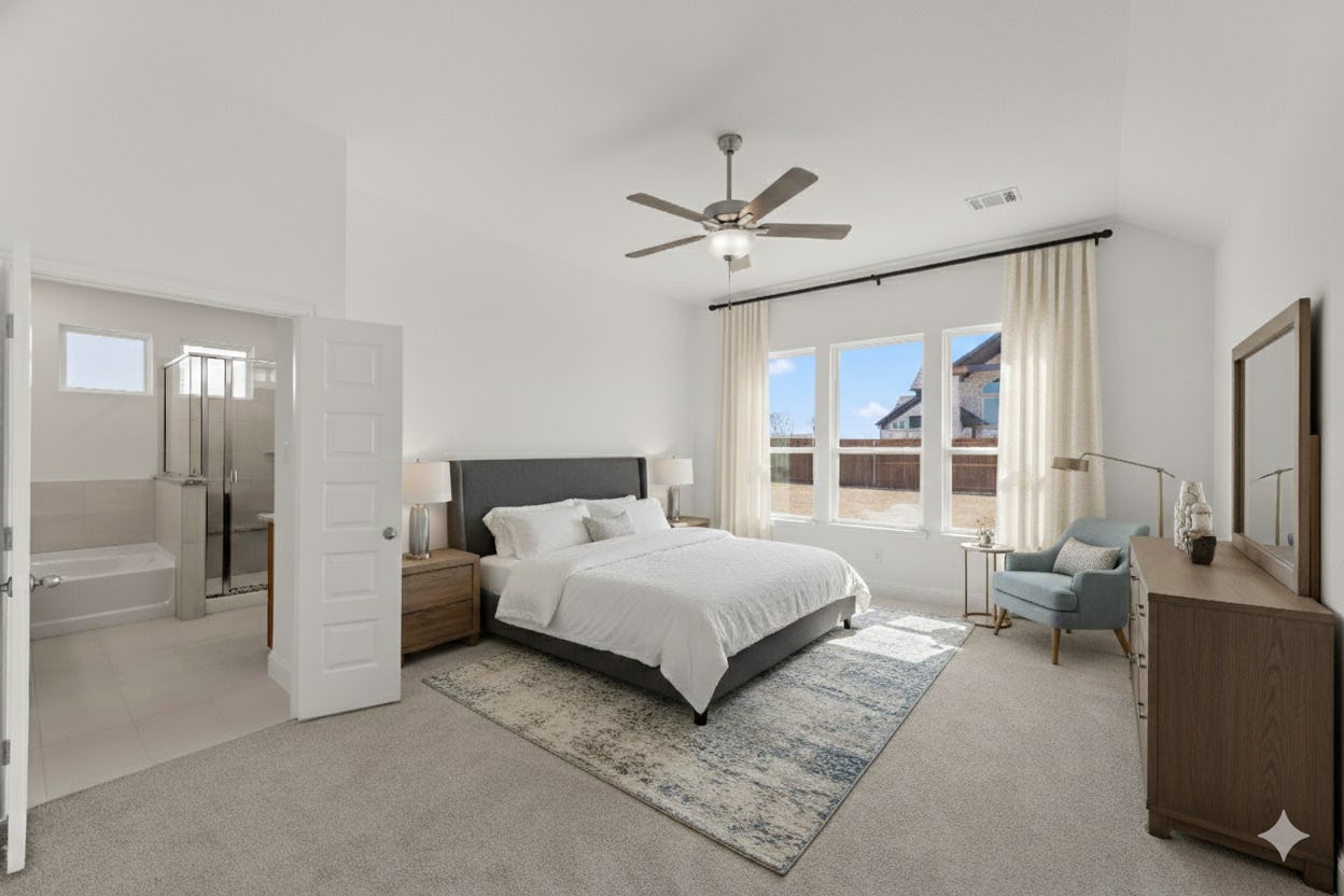 Virtually staged primary bedroom in the Collins floor plan at Park Trails by Kindred Homes