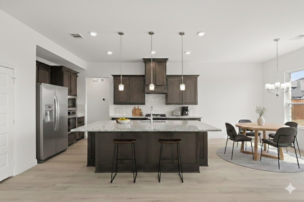 Virtually staged kitchen in the Holly floor plan at Park Trails by Kindred Homes
