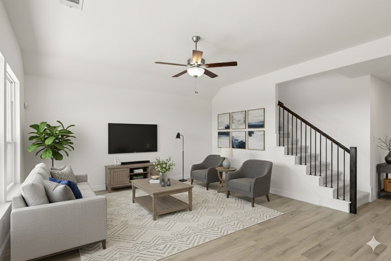 Virtually staged living room in the Holly floor plan at Park Trails by Kindred Homes