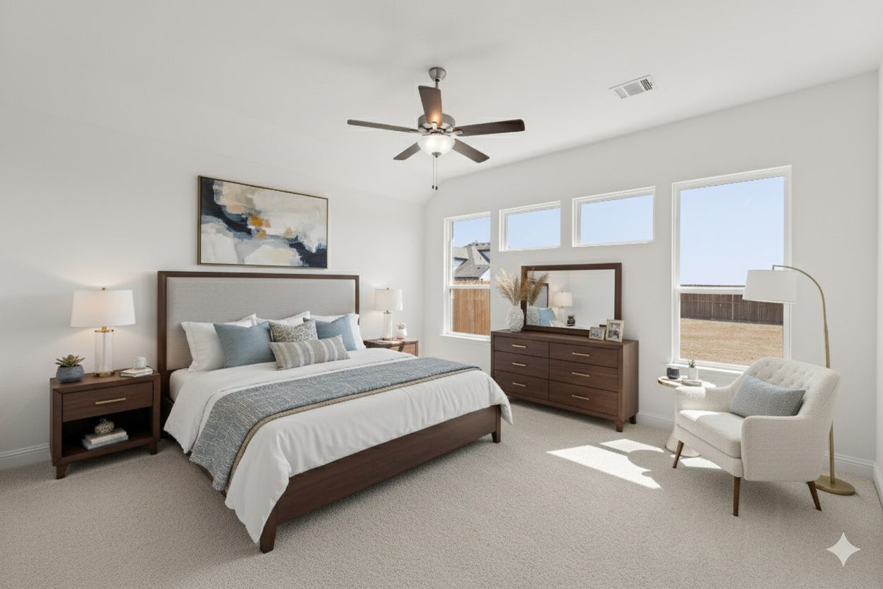 Virtually staged primary bedroom in the Holly floor plan at Park Trails by Kindred Homes