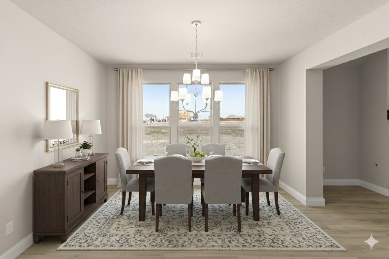 Virtually staged dining room in the Agave floor plan at Park Trails by Kindred Homes