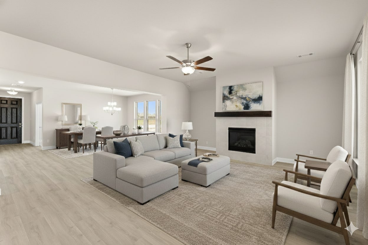 Virtually staged living room in the Agave floor plan at Park Trails by Kindred Homes