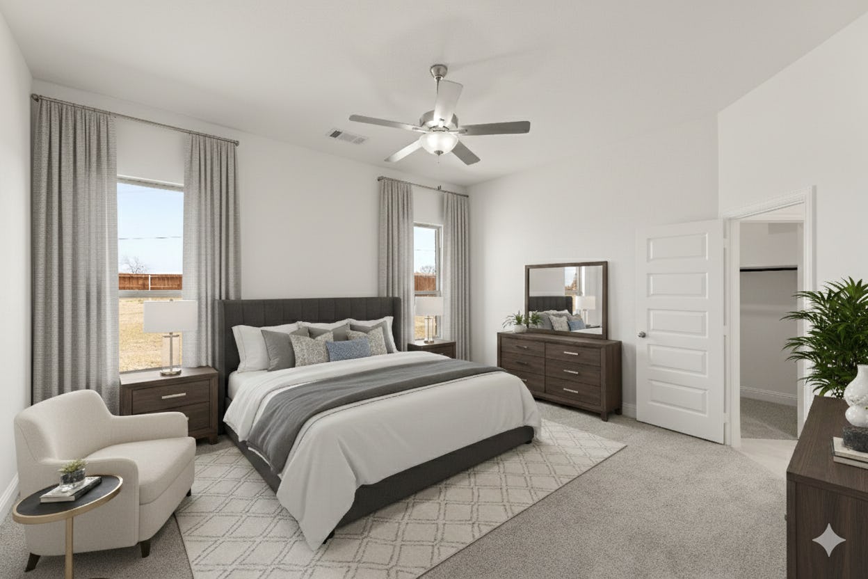 Virtually staged primary bedroom in the Brazos floor plan at Park Trails by Kindred Homes