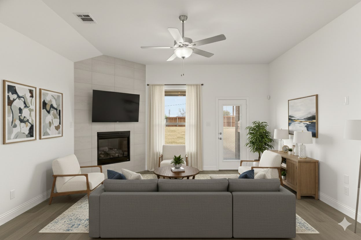 Virtually staged living room in the Brazos floor plan at Park Trails by Kindred Homes