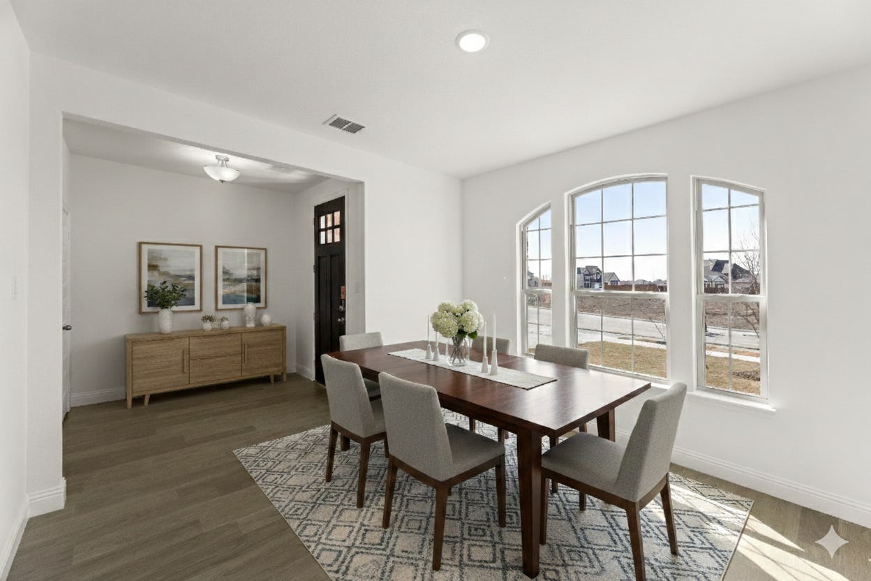 Virtually staged dining room in the Brazos floor plan at Park Trails by Kindred Homes