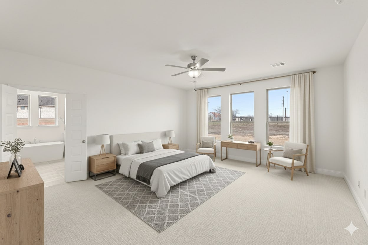 Virtually staged primary bedroom in the Brady floor plan at Berkshire Estates by Kindred Homes