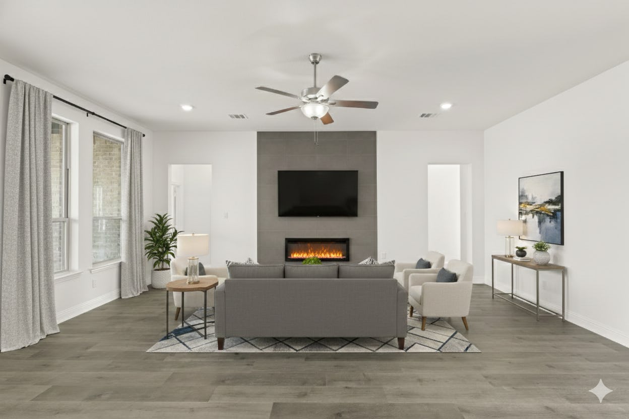 Virtually staged living room in the Brady floor plan at Berkshire Estates by Kindred Homes