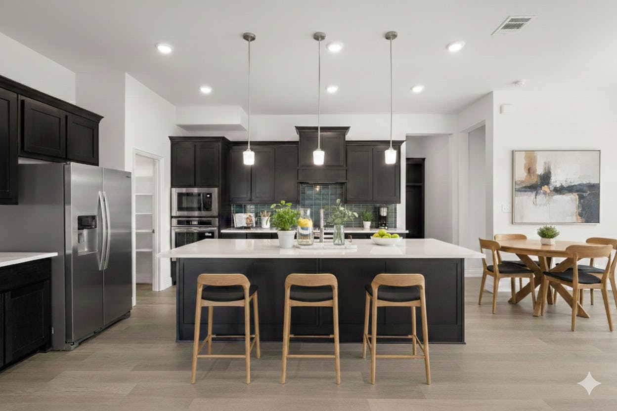Virtually staged kitchen in the Cherry floor plan at Stone Eagle by Kindred Home