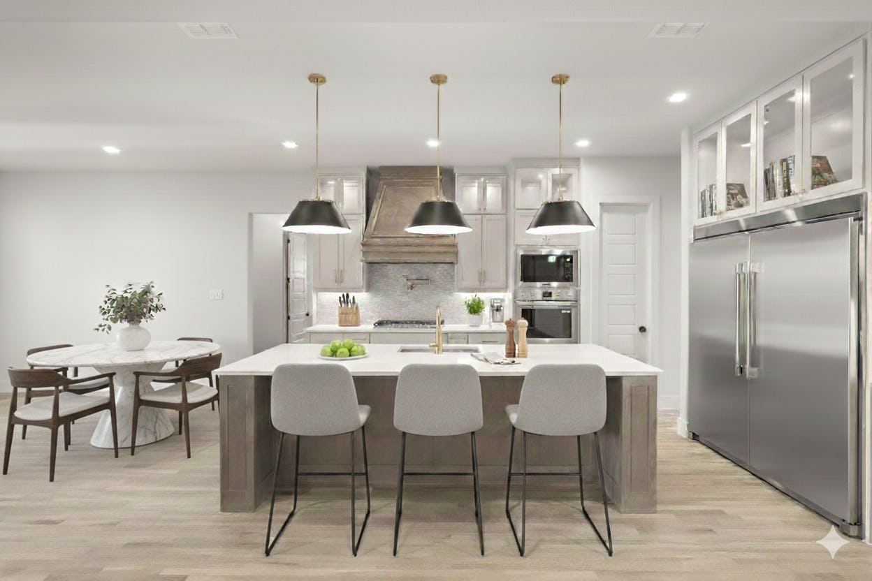 Virtually staged kitchen in a custom home at Highlands of Northlake by Kindred Homes