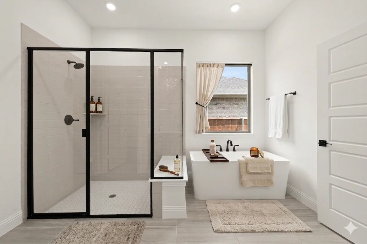 Virtually staged primary bathroom in available home at Westside Preserve by Kindred Homes in Midlothian