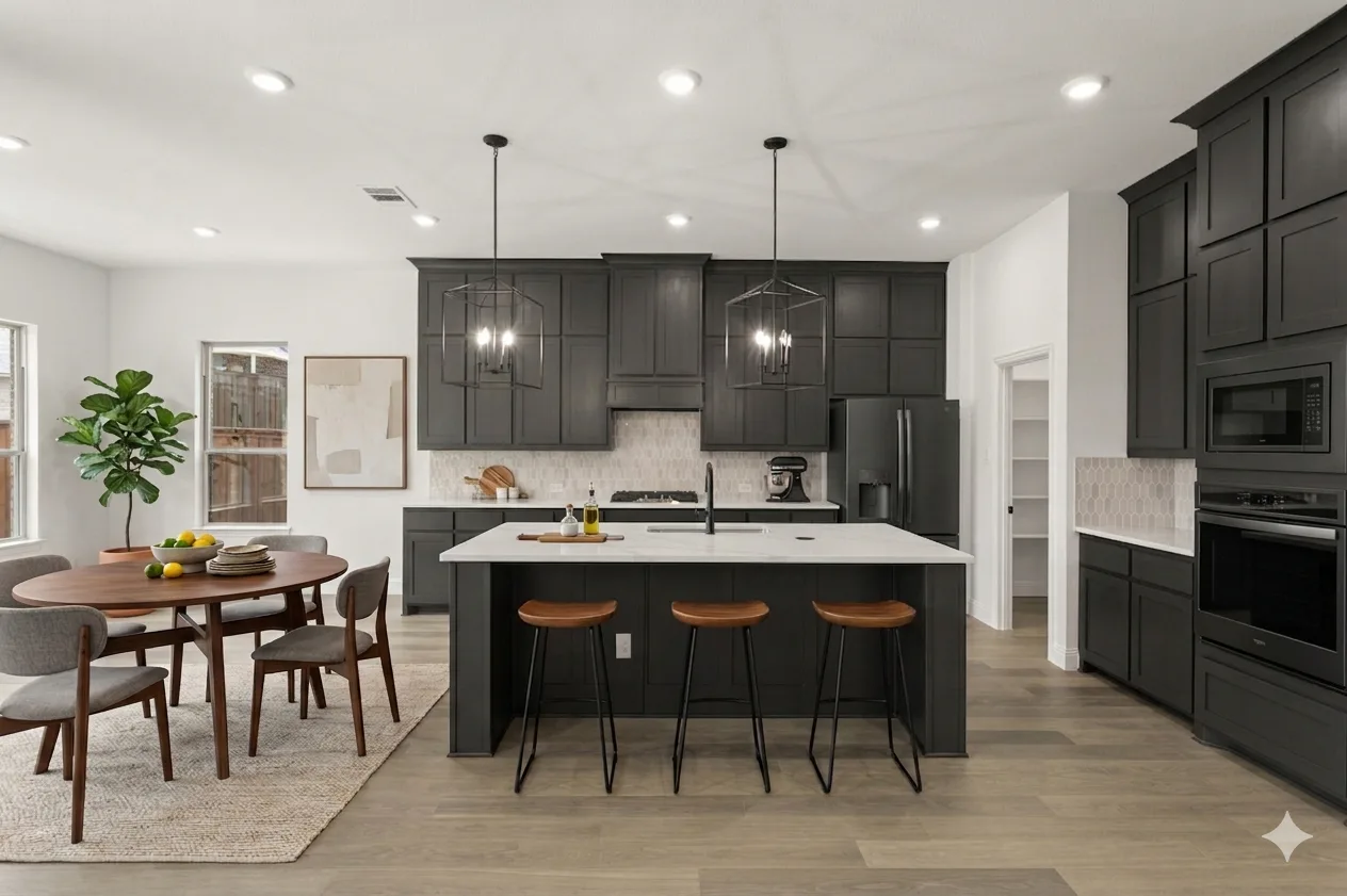 Virtually staged kitchen in the Bowie floor plan at Westside Preserve