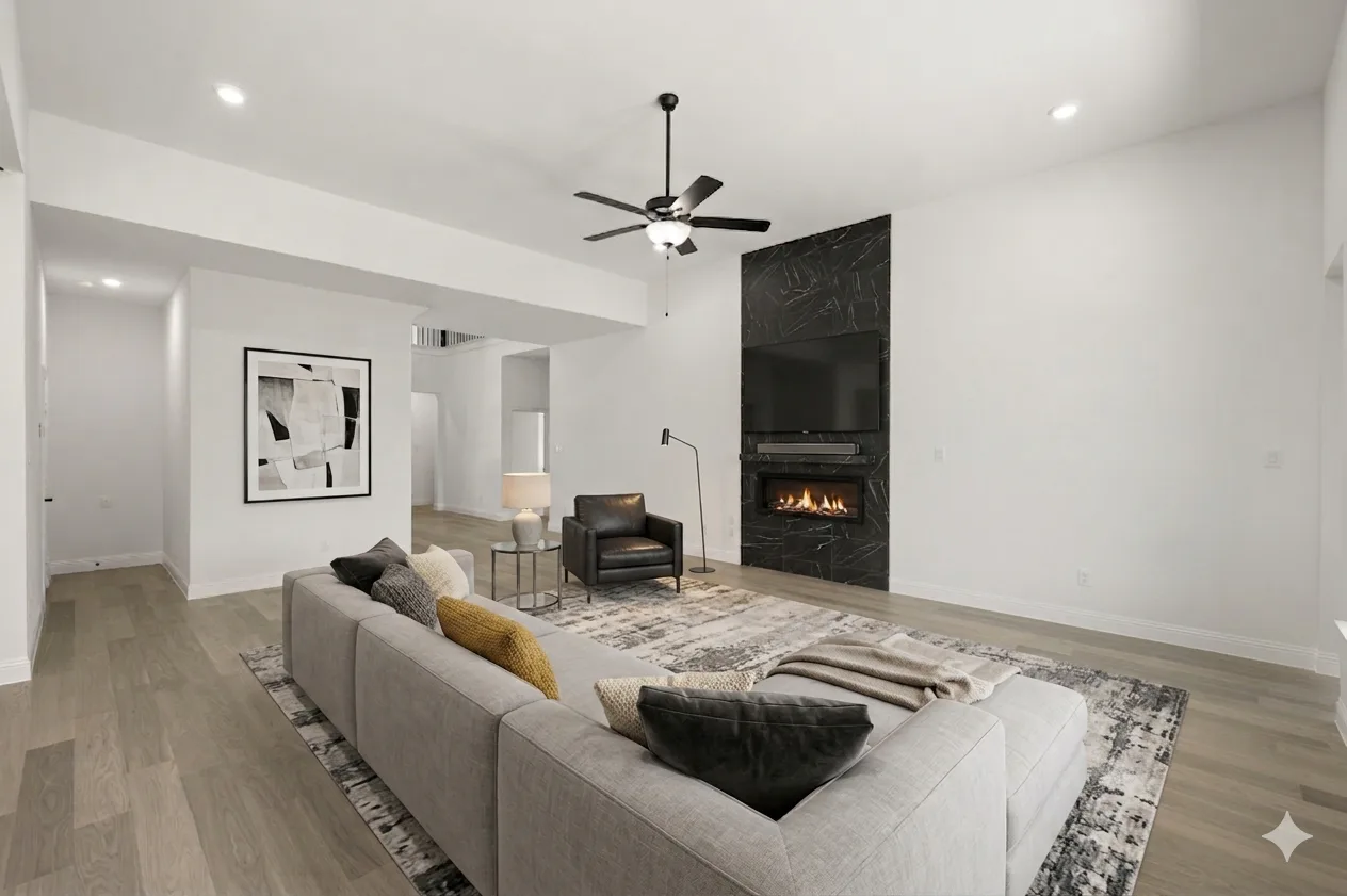 Virtually staged living room in the Bowie floor plan at Westside Preserve