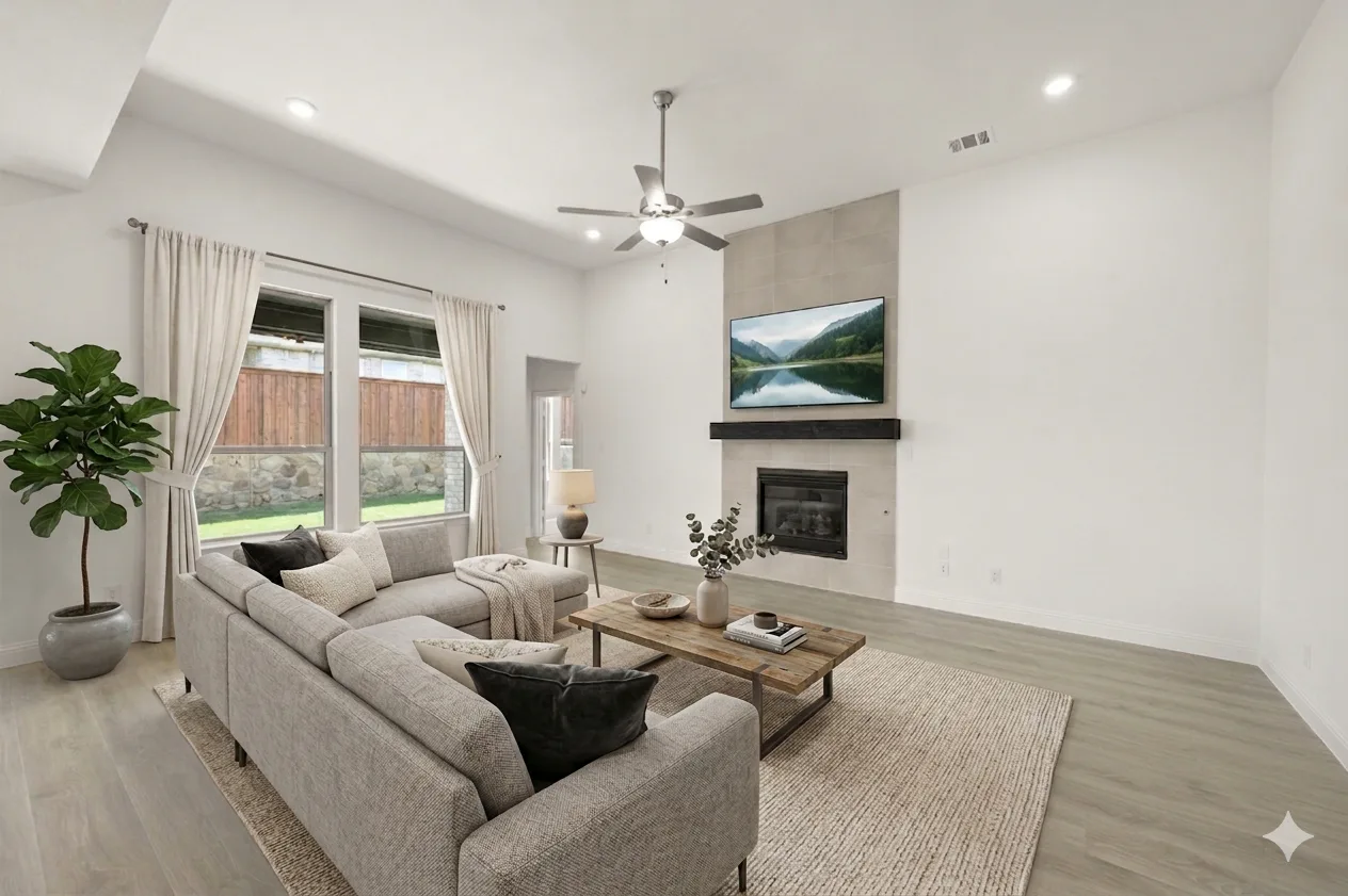 Virtually staged living room in the Zavala floor plan at Westside Preserve