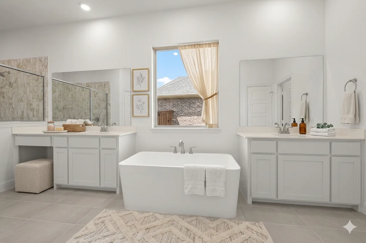 Virtually staged primary bathroom in available home at Westside Preserve by Kindred Homes in Midlothian
