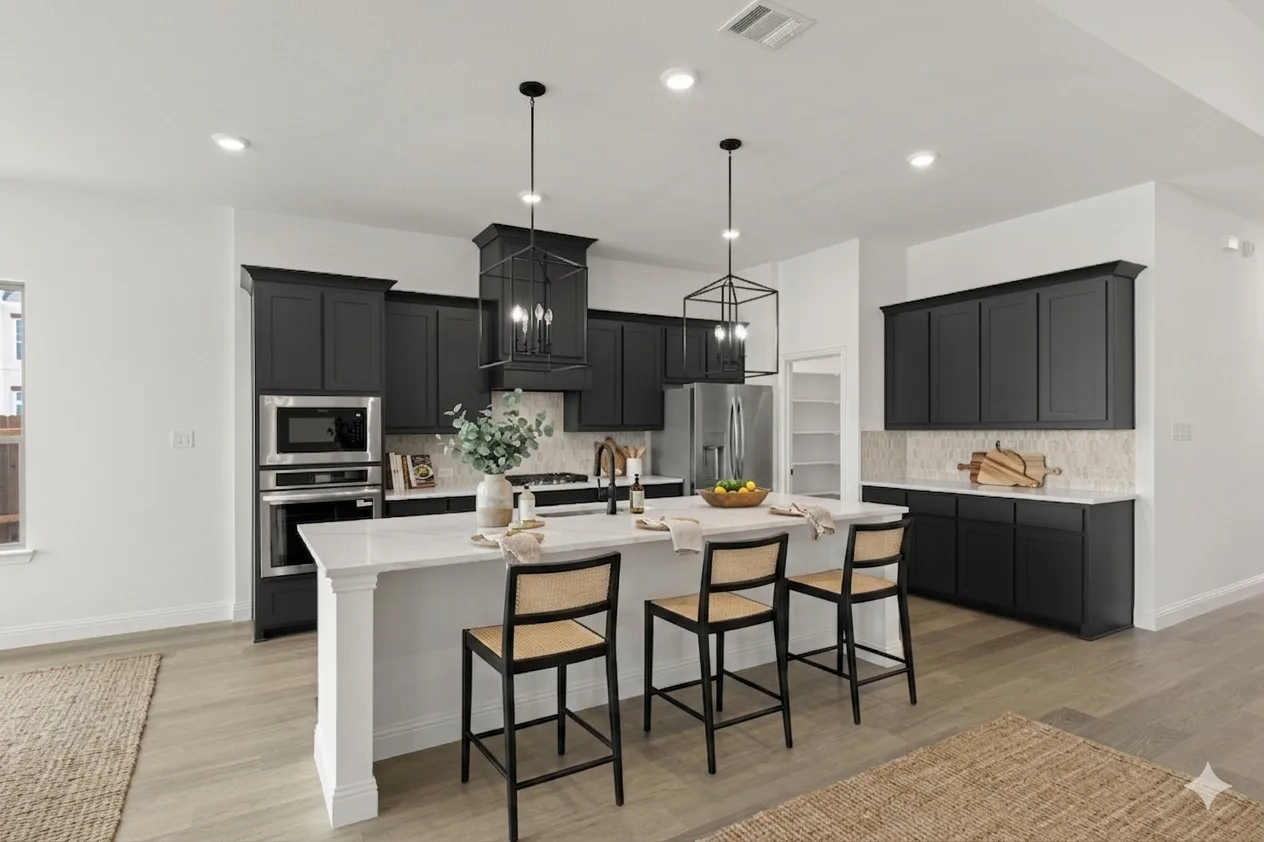 Virtually staged kitchen in available home at Park Trails by Kindred Homes in Forney