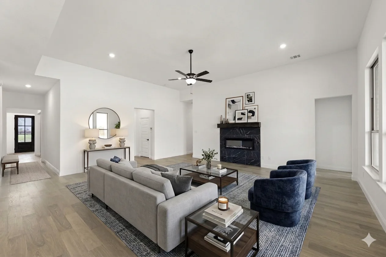 Virtually staged living room in available home at Park Trails by Kindred Homes in Forney