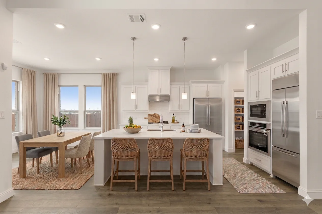 Virtually staged kitchen of a new home available at Park Trails by Kindred Homes in Forney