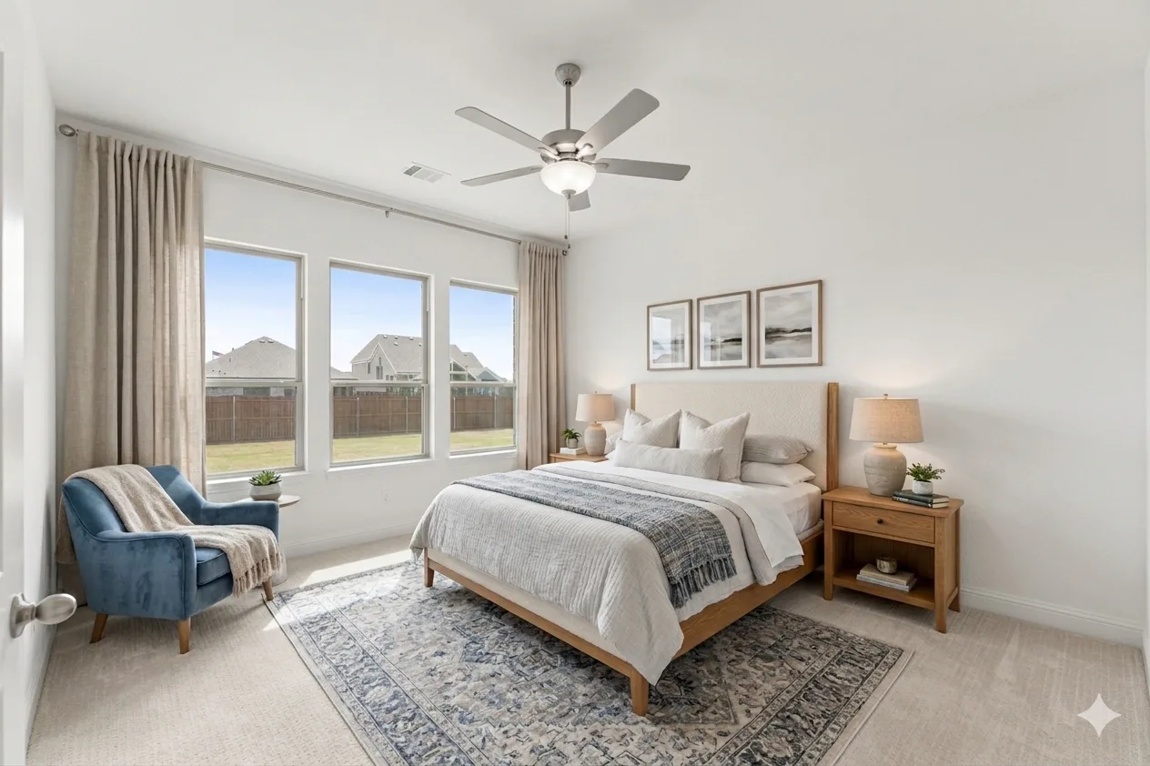 Virtually staged primary bedroom of a new home available at Park Trails by Kindred Homes in Forney
