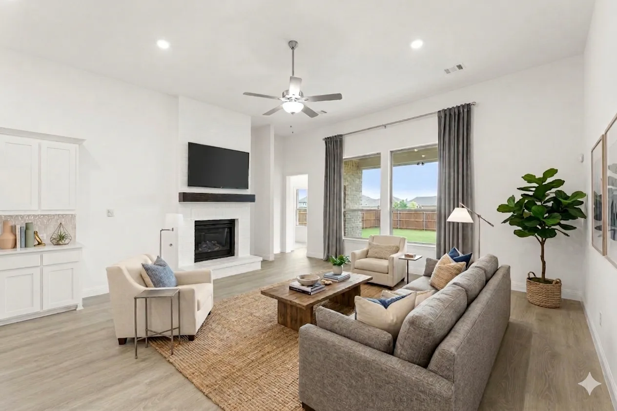 Virtually staged living room with built-in shelves in a modern tudor style home by Kindred Homes