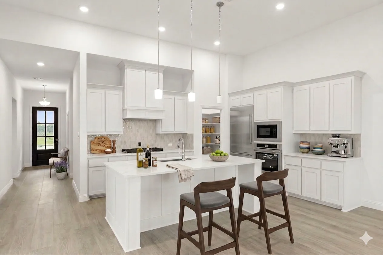 Virtually staged kitchen in a modern tudor style home by Kindred Homes
