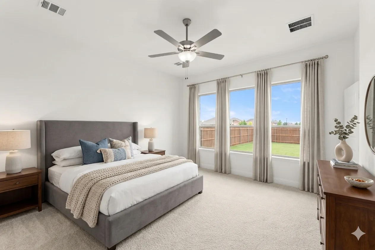 Virtually staged primary bedroom in a modern tudor style home by Kindred Homes