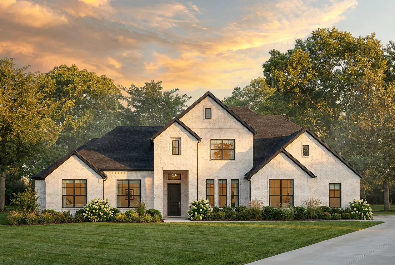 Exterior rendering of a modern tudor style home by Kindred Homes