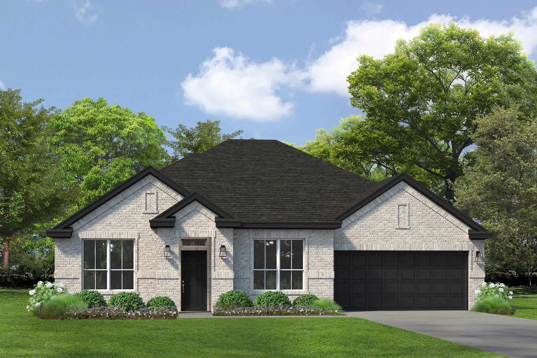 Exterior rendering of a modern farmhouse transitional style home by Kindred Homes.
