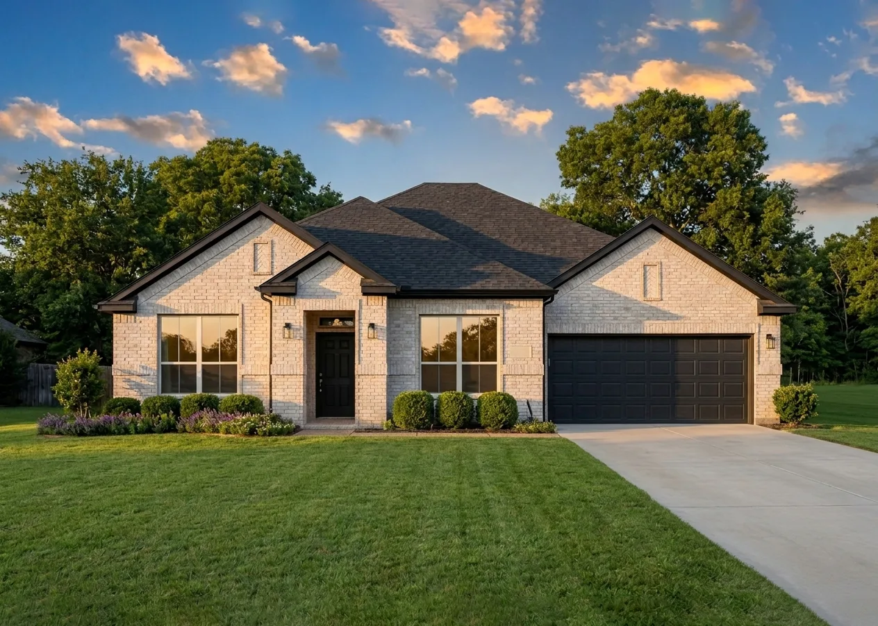 Exterior rendering of a modern farmhouse transitional style home by Kindred Homes.